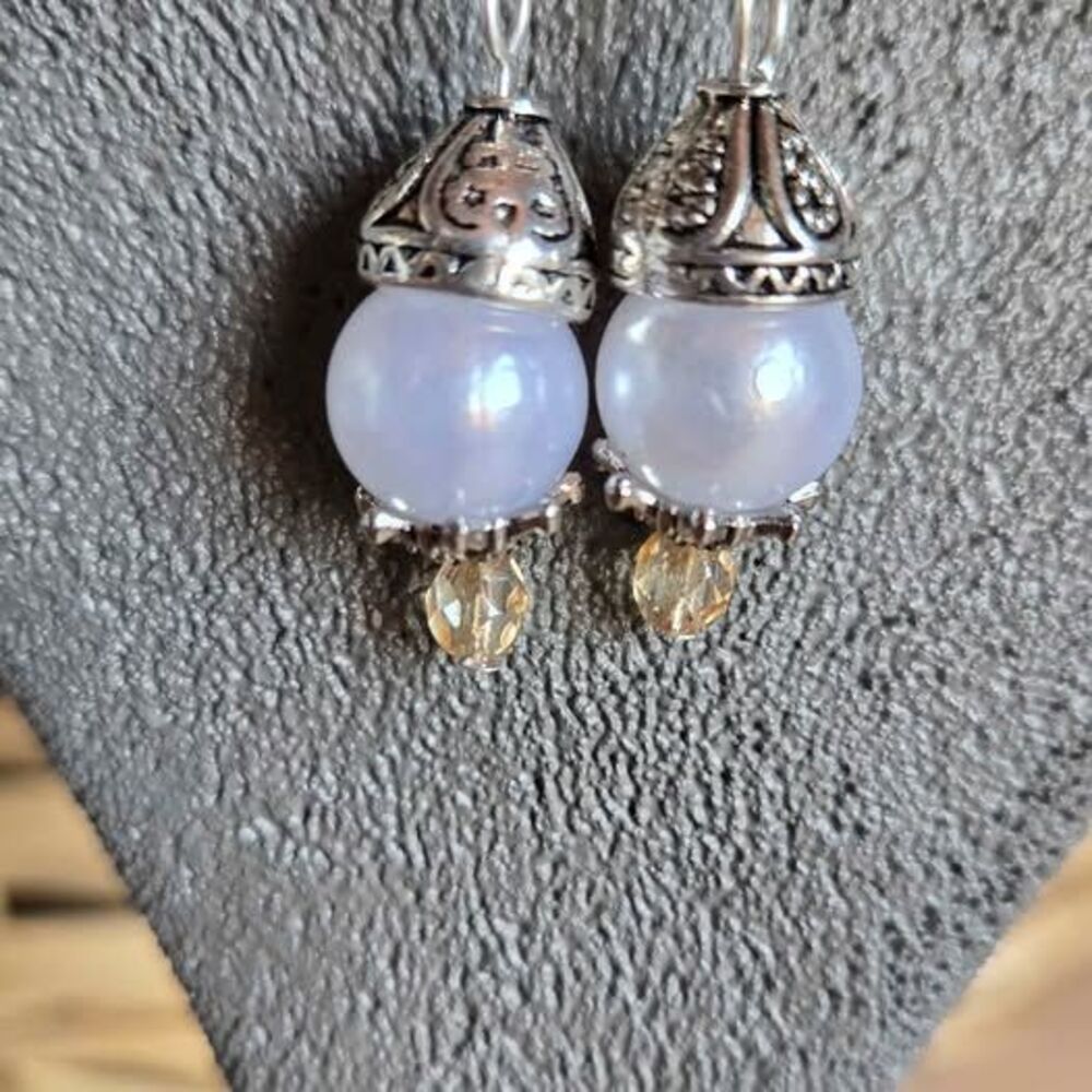 Faux Pearl Dangle Earrings | Silver Tone Boho Beaded Earrings | New Materials